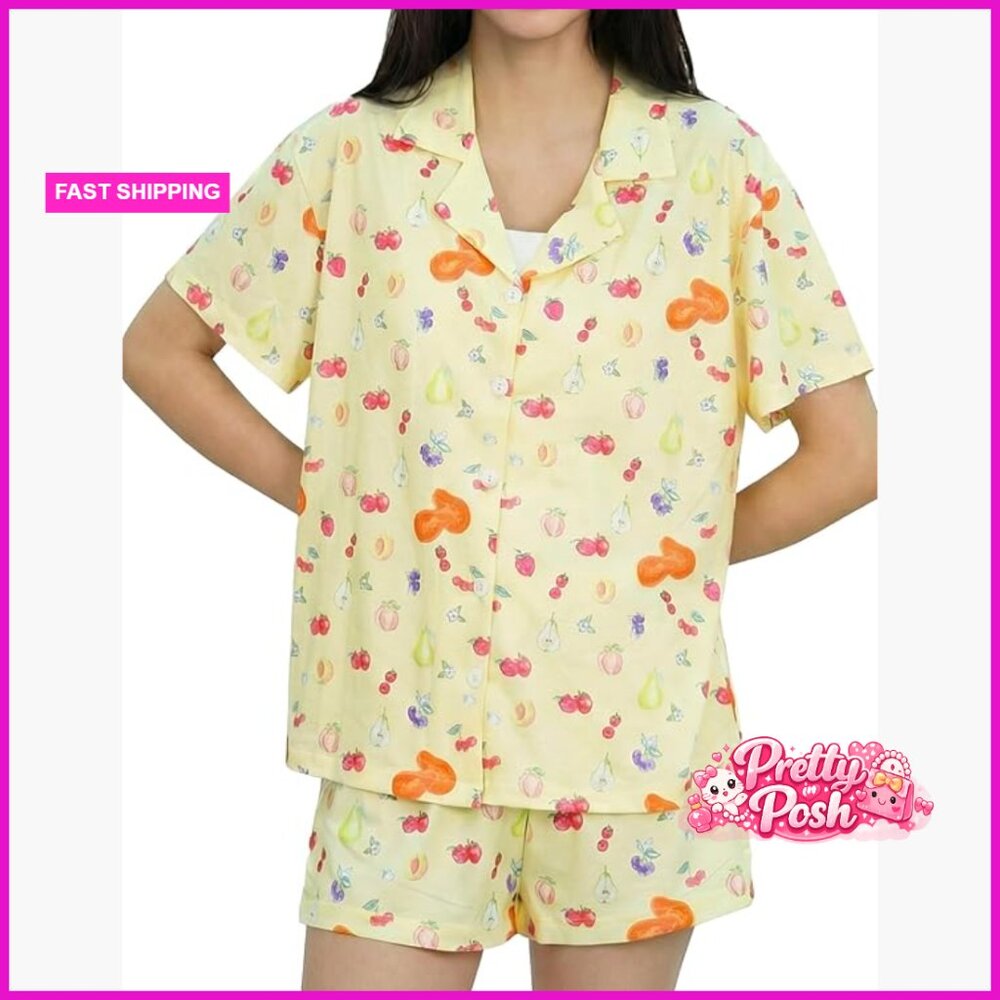 Polyester Elastane V-Neck Button Up Pajama Set Sl… - image 1